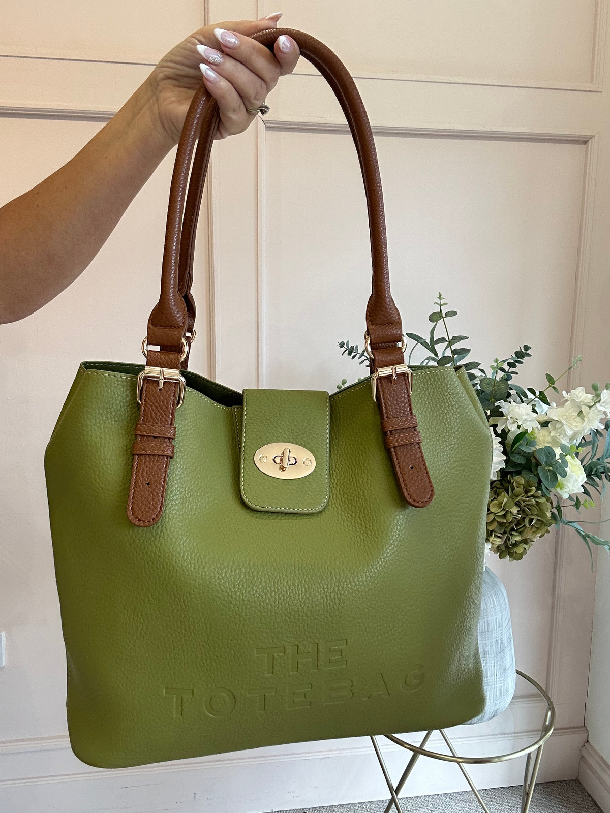 Shopper Tote Bag  - Green/Tan - Wardrobe By Simone