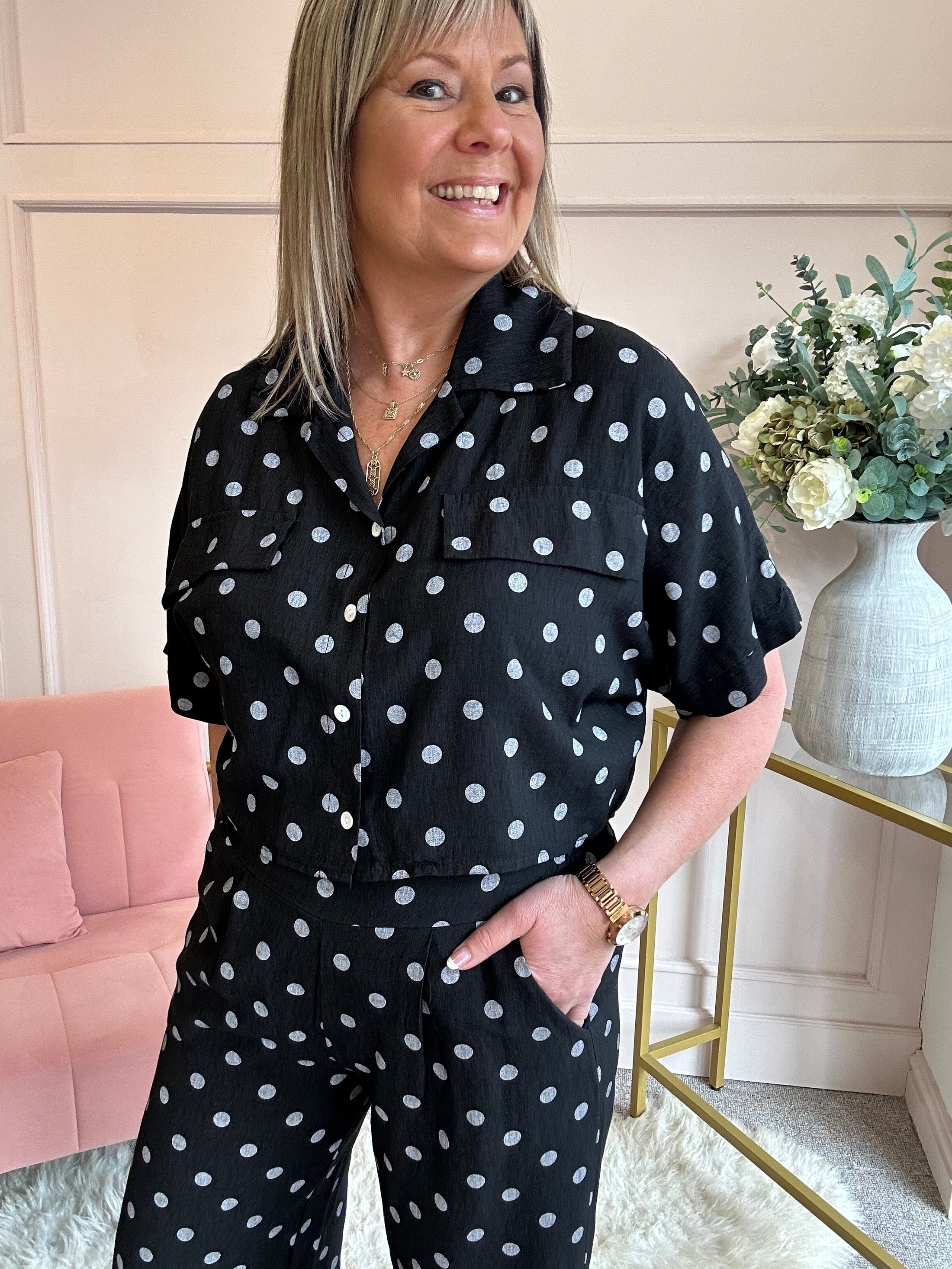 Polka Dot Shirt Pant Set - Black/Grey - Wardrobe By Simone