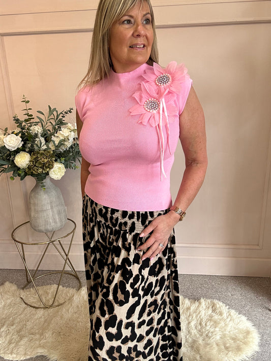 Sleeveless Diamante Flower Knit Top - Pink - Wardrobe By Simone