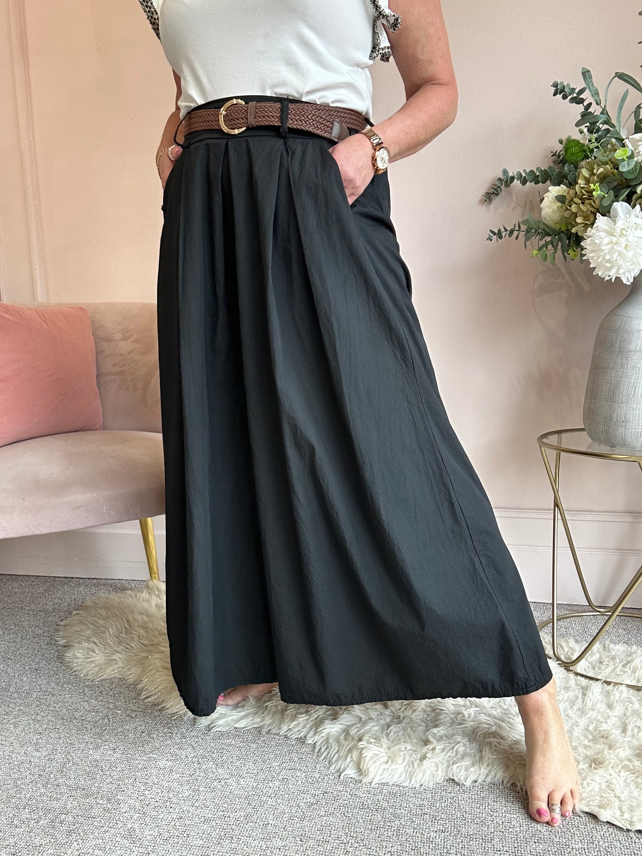 Belted Palazzo Wide Pant - Black - Wardrobe By Simone
