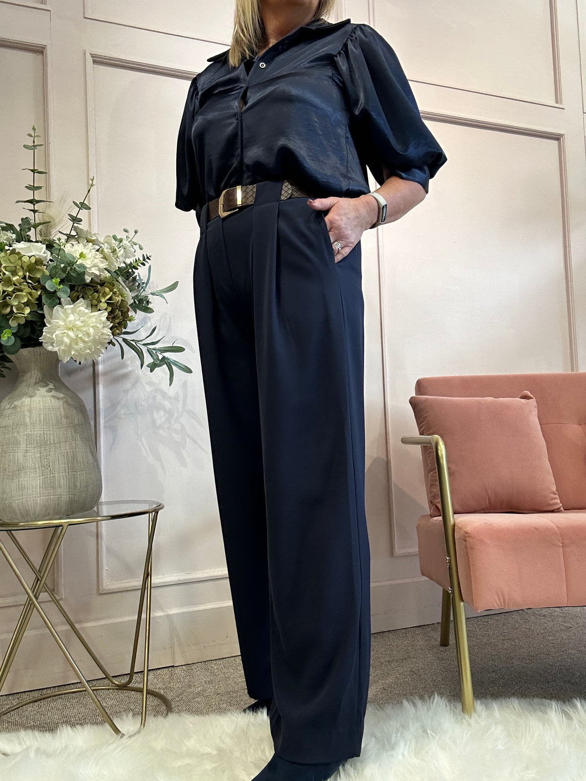 Stylish Belted Pant - Navy
