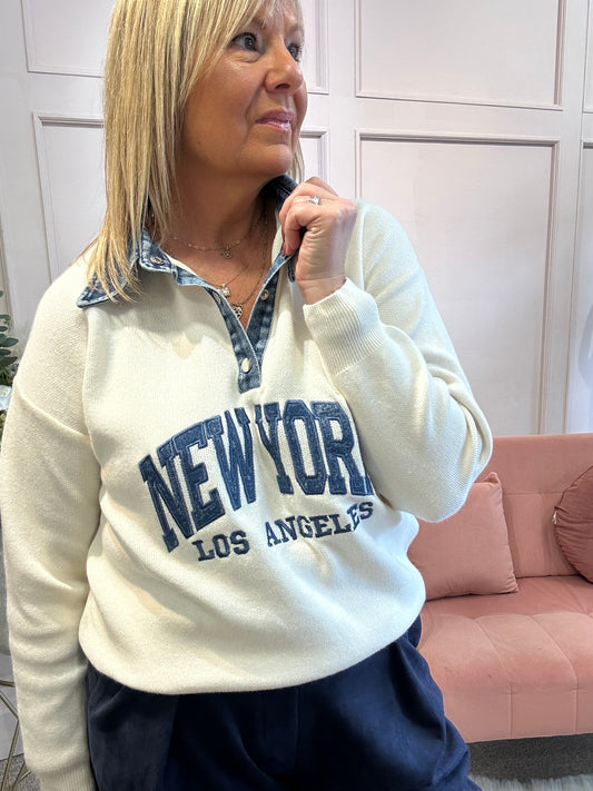 New York Denim Collar Jumper - Cream - Wardrobe By Simone
