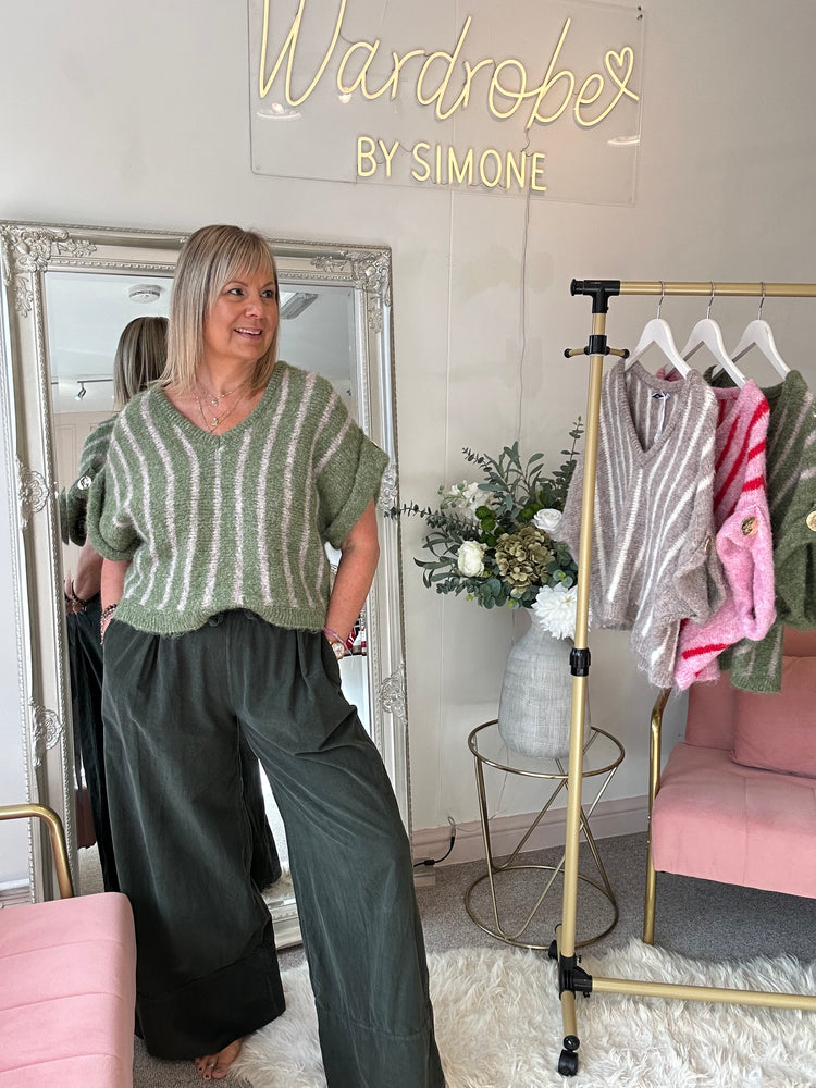 Gold Button Stipe Jumper - Green/Beige