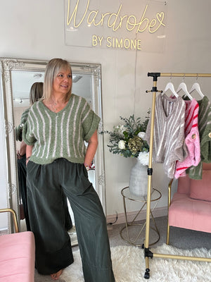 Gold Button Stipe Jumper - Green/Beige