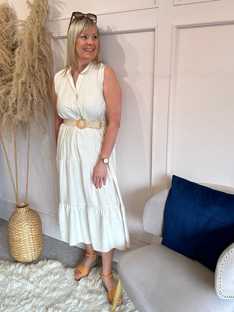 Mandarin Collar Sleeveless Midi Dress - Cream