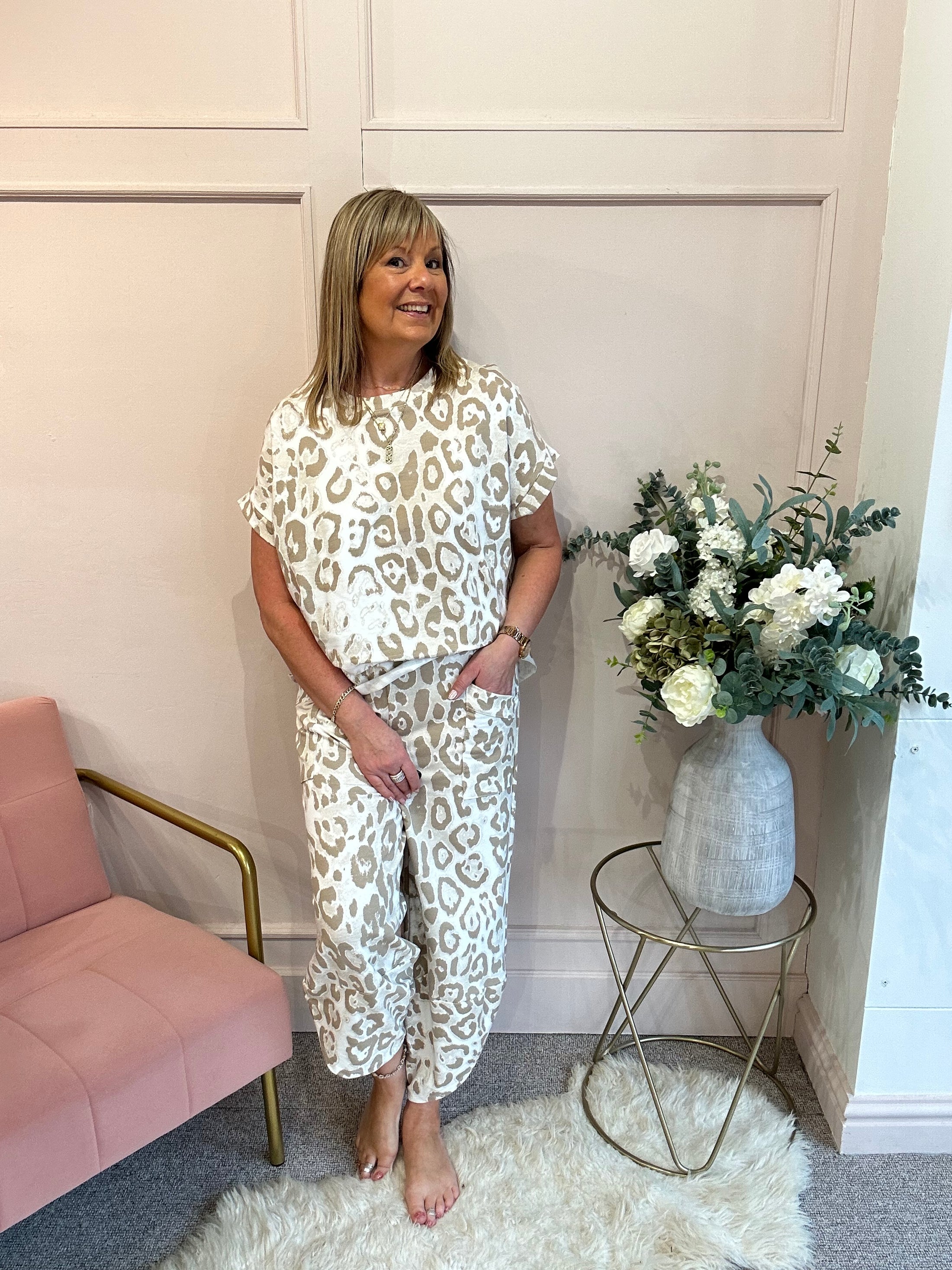 Leopard Harem Lounge Pant - Beige/White - Wardrobe By Simone