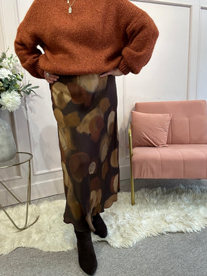 Satin Mottled Maxi Skirt - Brown/Tan