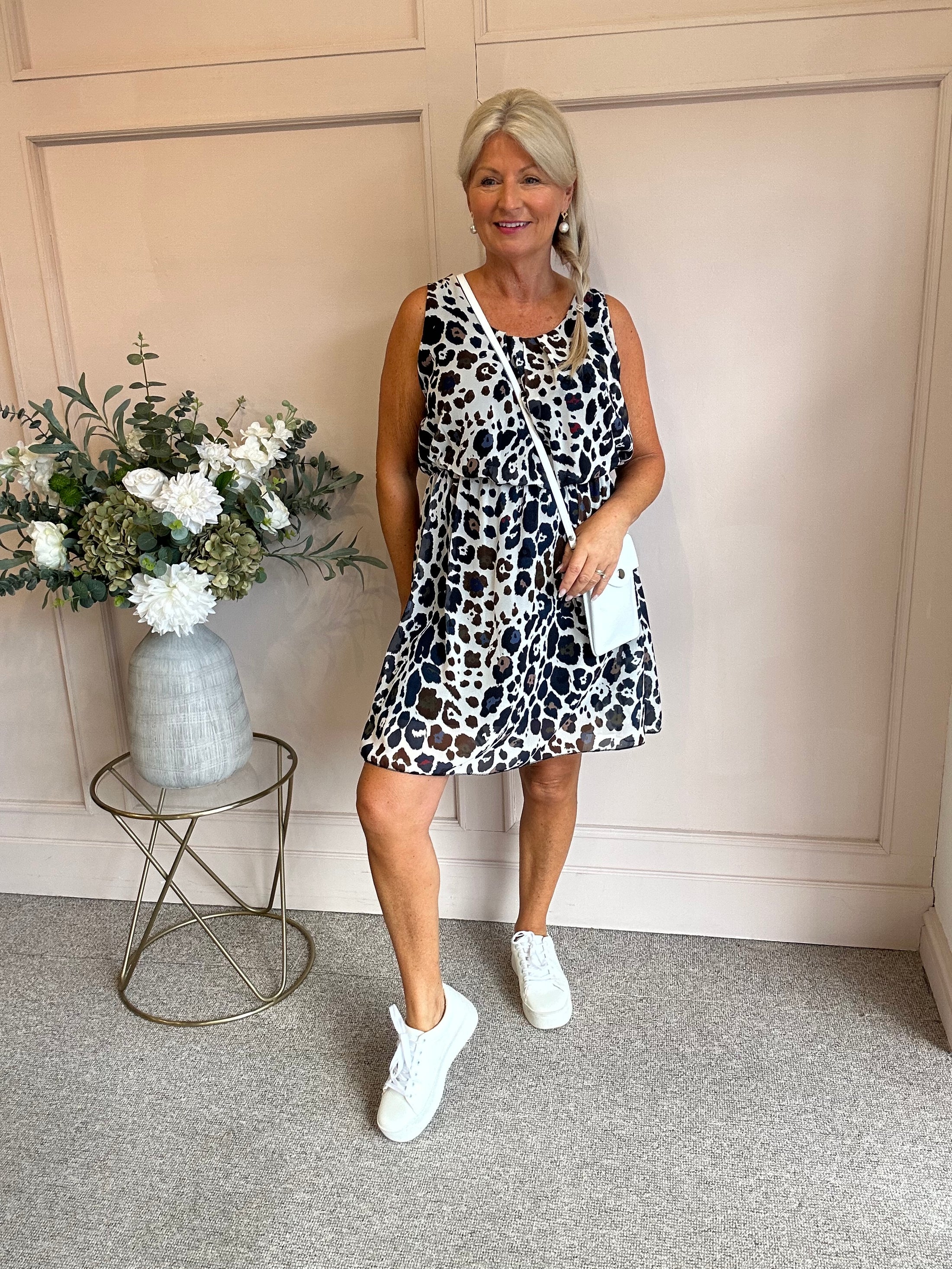 Sleeveless Midi Dress - Cream/Navy/Brown - Wardrobe By Simone