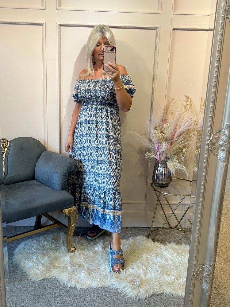 Aztec Mixed Print Dress - Blue/Cream
