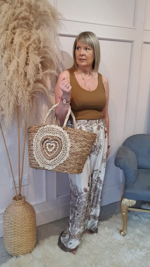 Shell and Rope Heart  Large Straw Tote Bag - Straw/Gold - Wardrobe By Simone