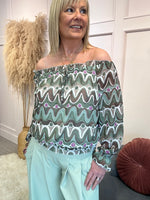 Ruffle Neck Swirl Print Blouse - Green/Beige