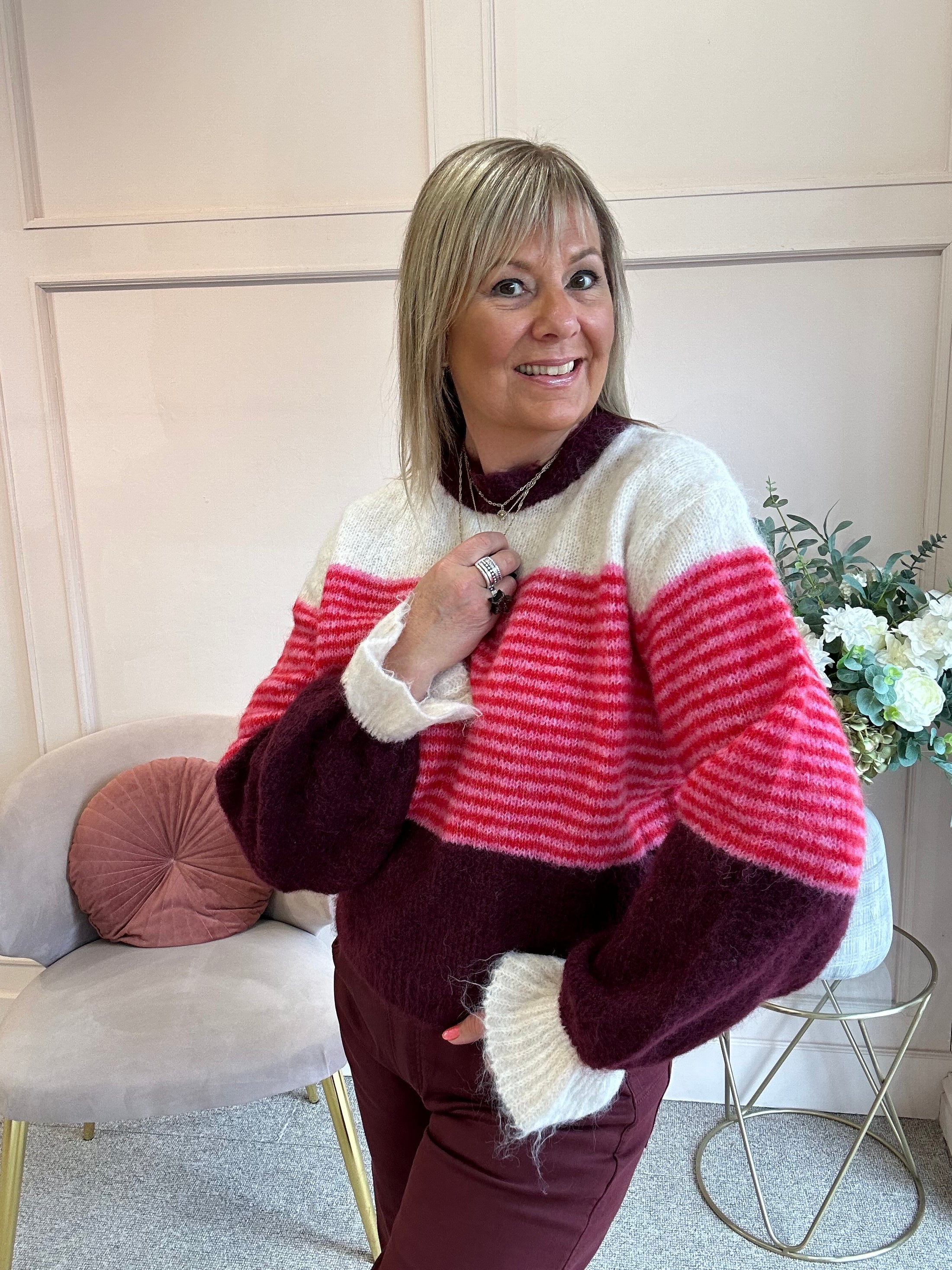Frill Cuff Cosy Jumper - Cream/Raspberry