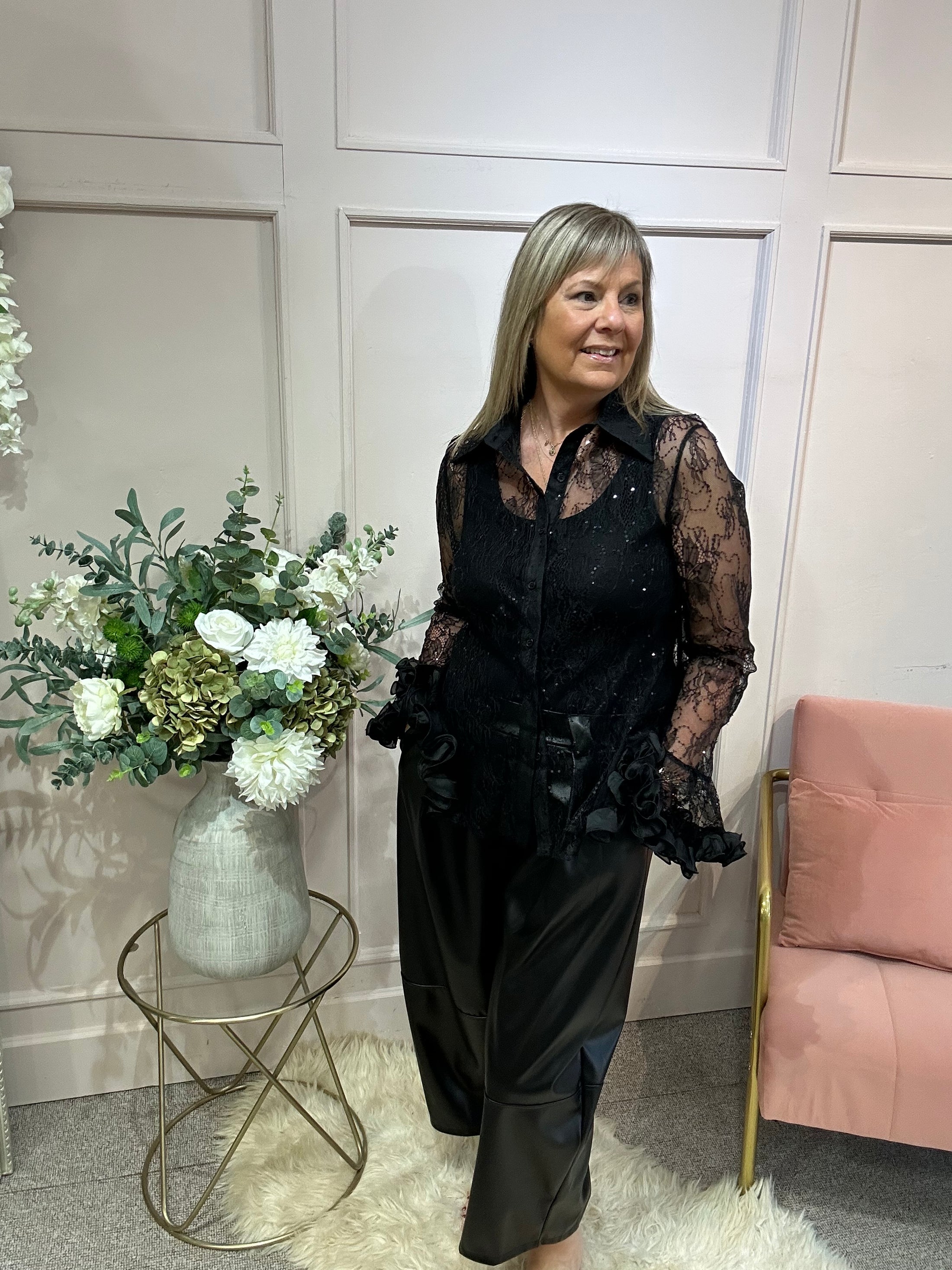 Pure Romance Rose Frill Blouse - Black