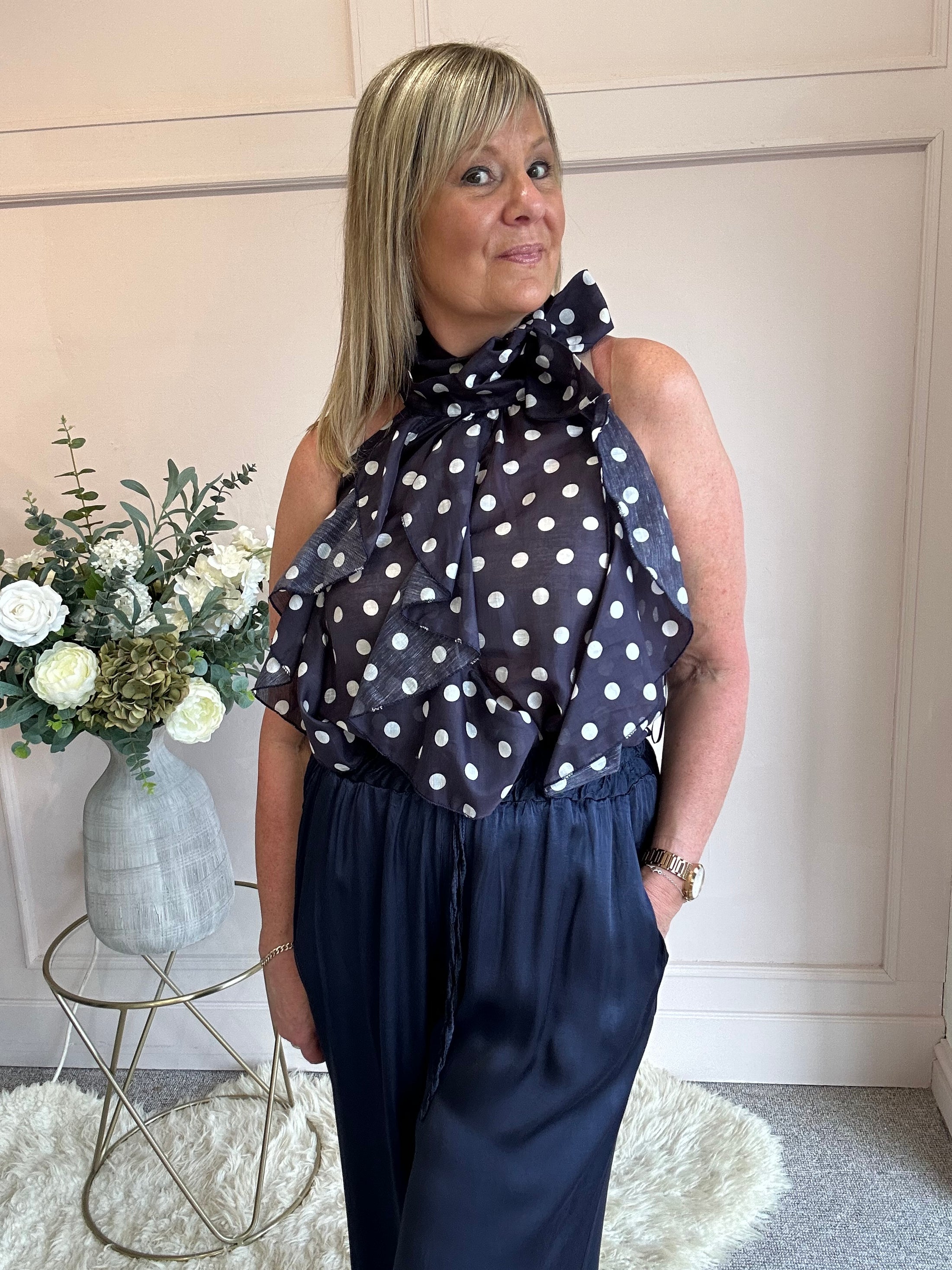 Spotty & Ruffle Top - NavyWhite - Wardrobe By Simone