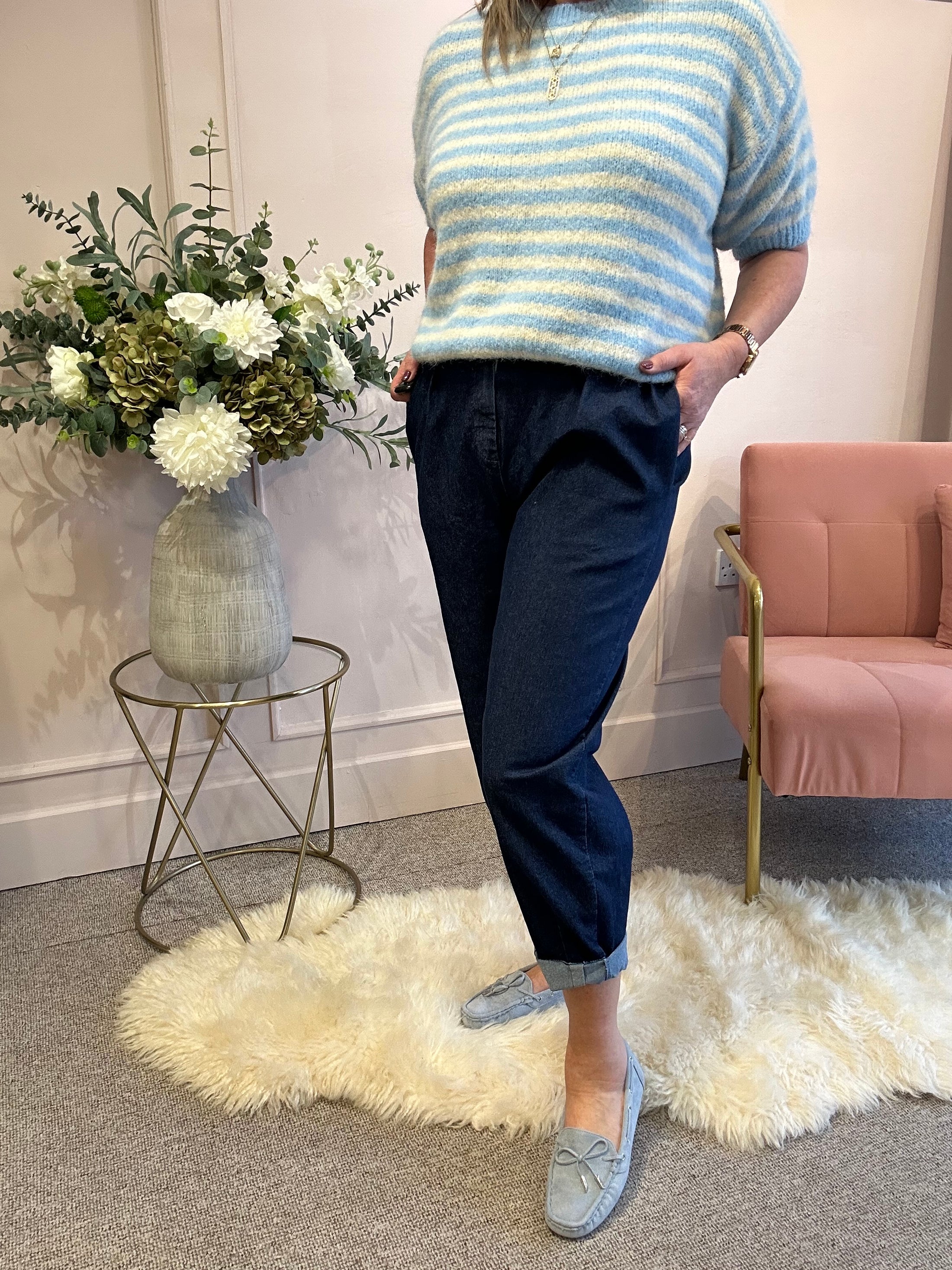 Baggy Zip Mom Style Denim Pant - Blue - Wardrobe By Simone