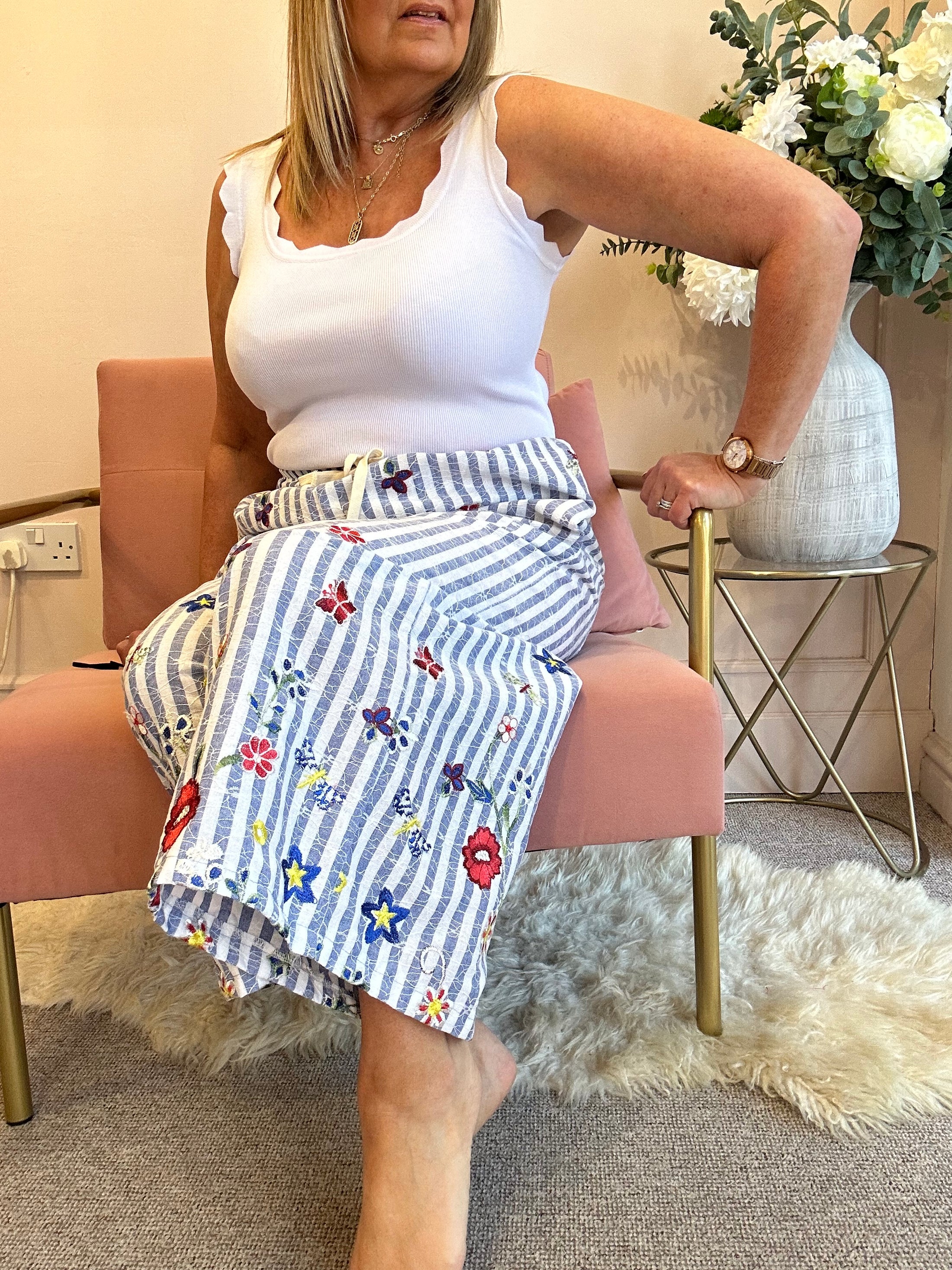 Flowers In The Pocket Striped Pant - Blue/White - Wardrobe By Simone