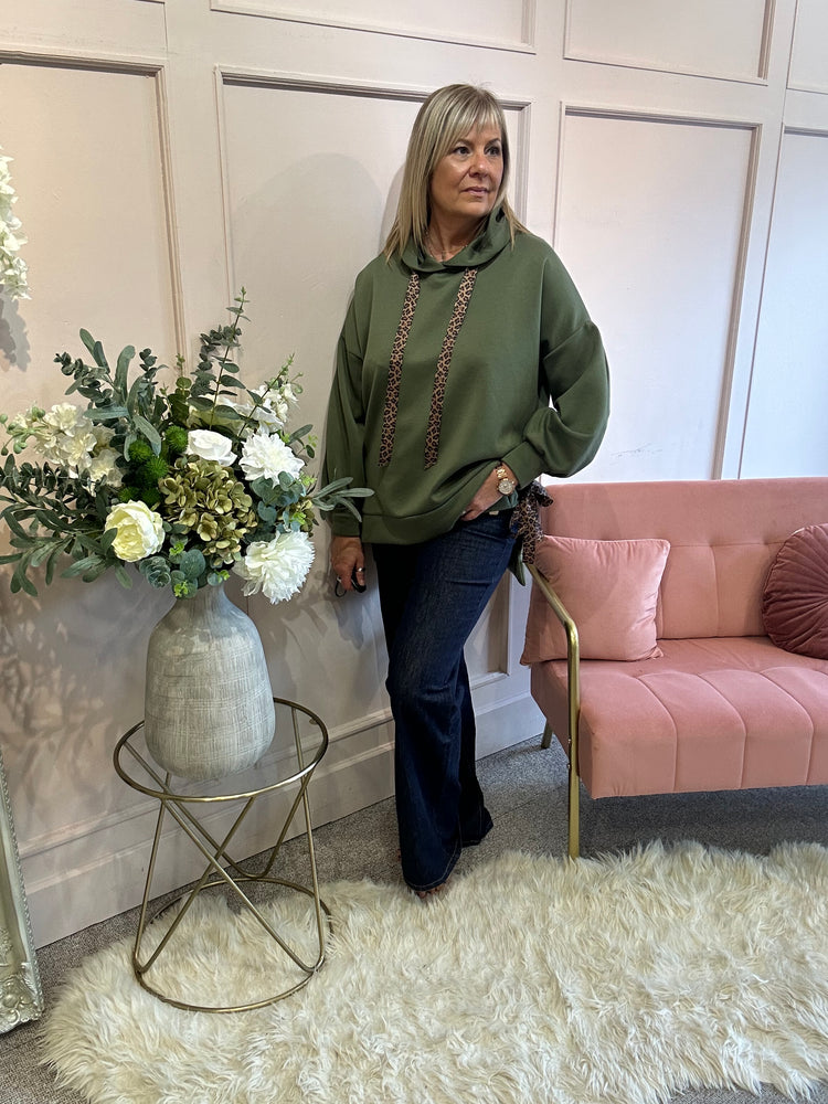 Cosy Leopard Tie Hoody  - Khaki