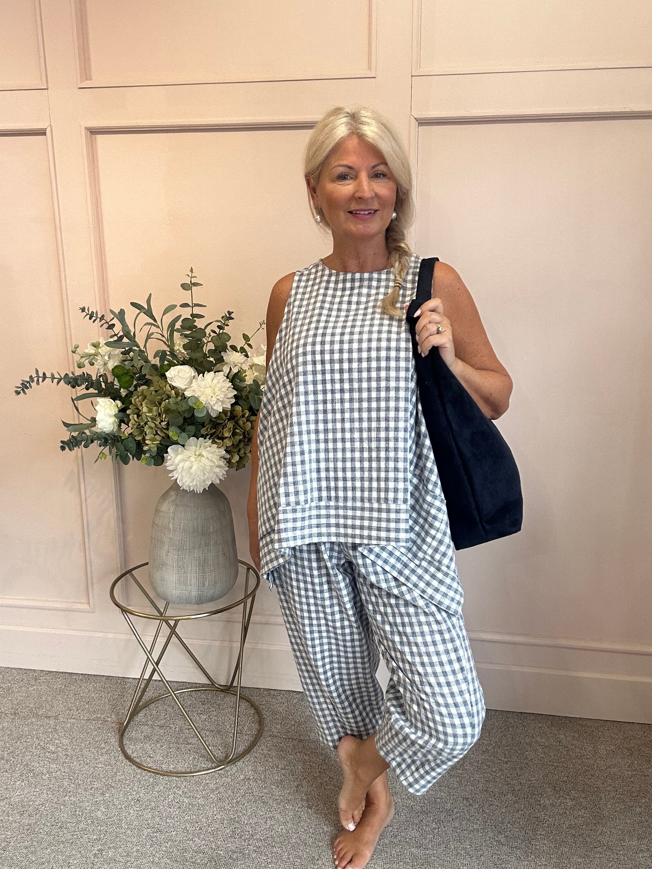 Floaty Sleeveless Top Gingham - Grey/Blue One Size