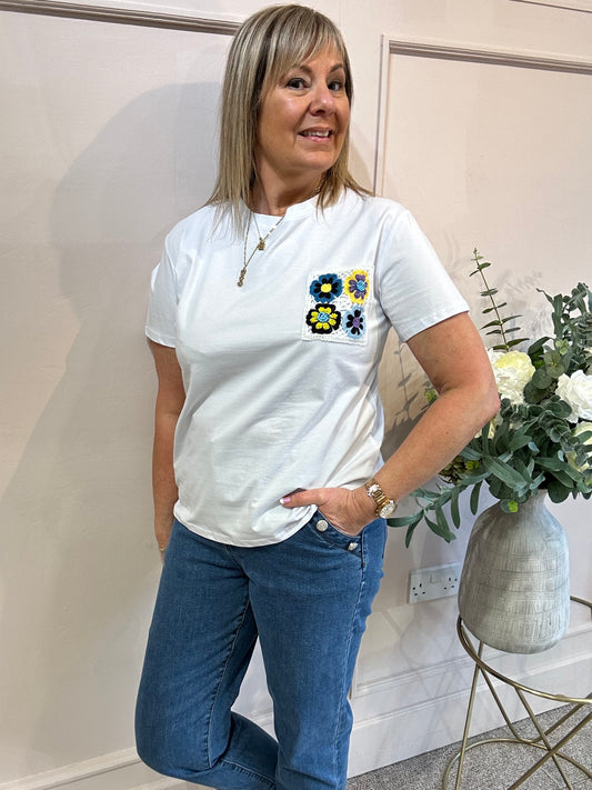 Crochet Pocket T-Shirt - White/Yellow - Wardrobe By Simone