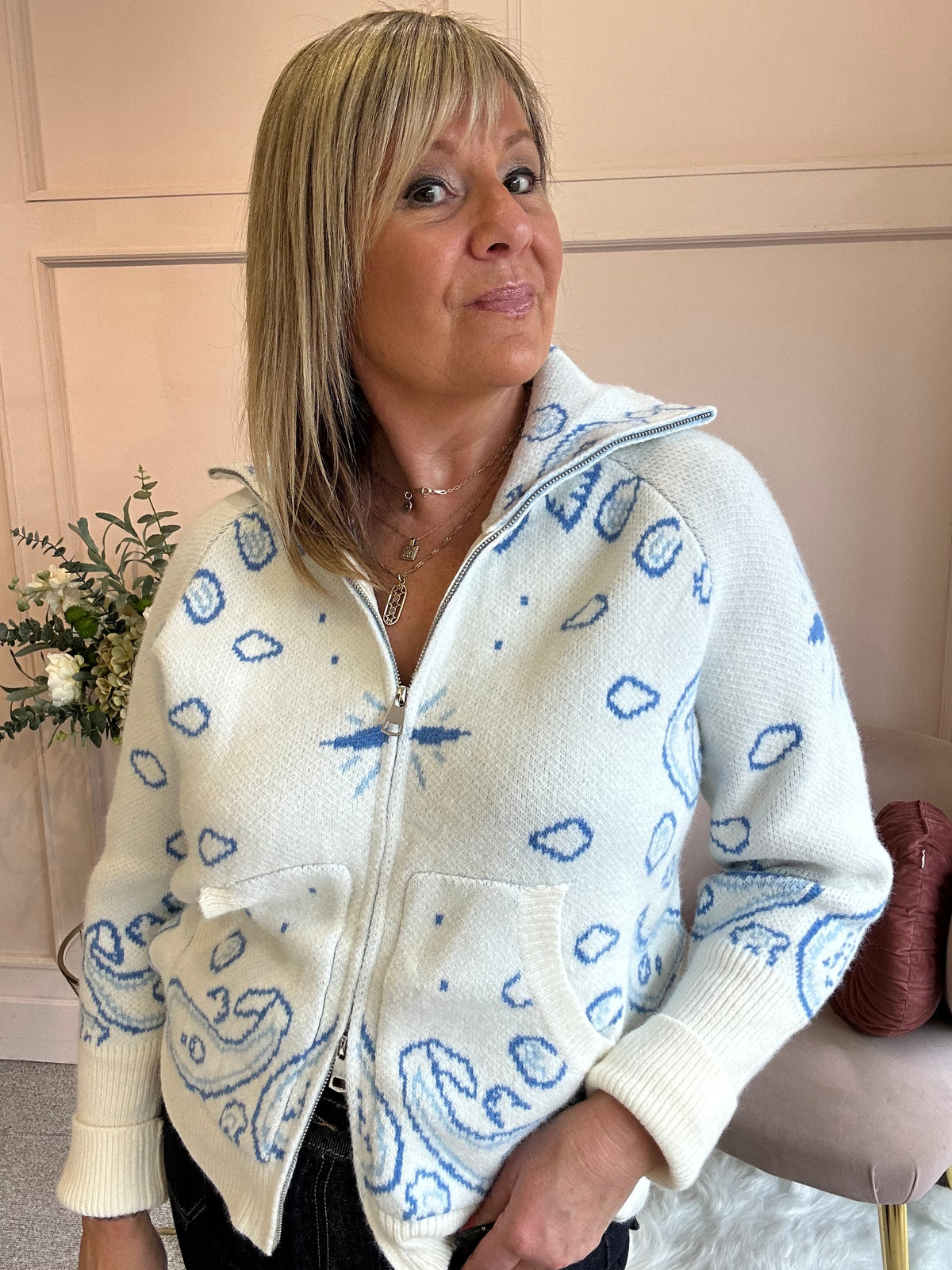 Soft Paisley Zip Jacket - Cream/Blue