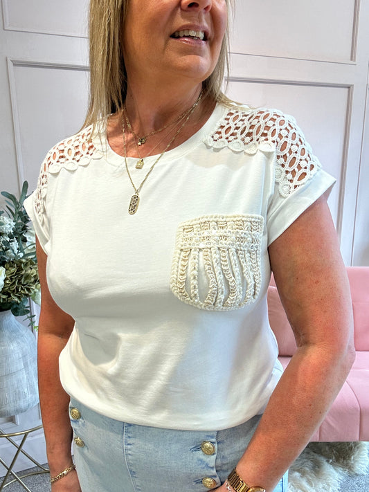 Pearl & Sparkle With Lace T Shirt  - White - Wardrobe By Simone