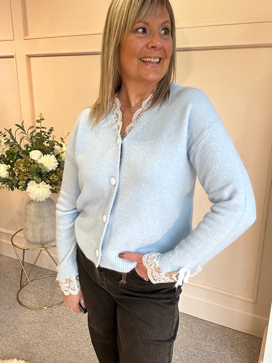 Lace Detail V Cardigan - Soft Blue