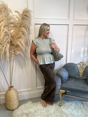 Ruched Bodice Peplum Top - Taupe - Wardrobe By Simone