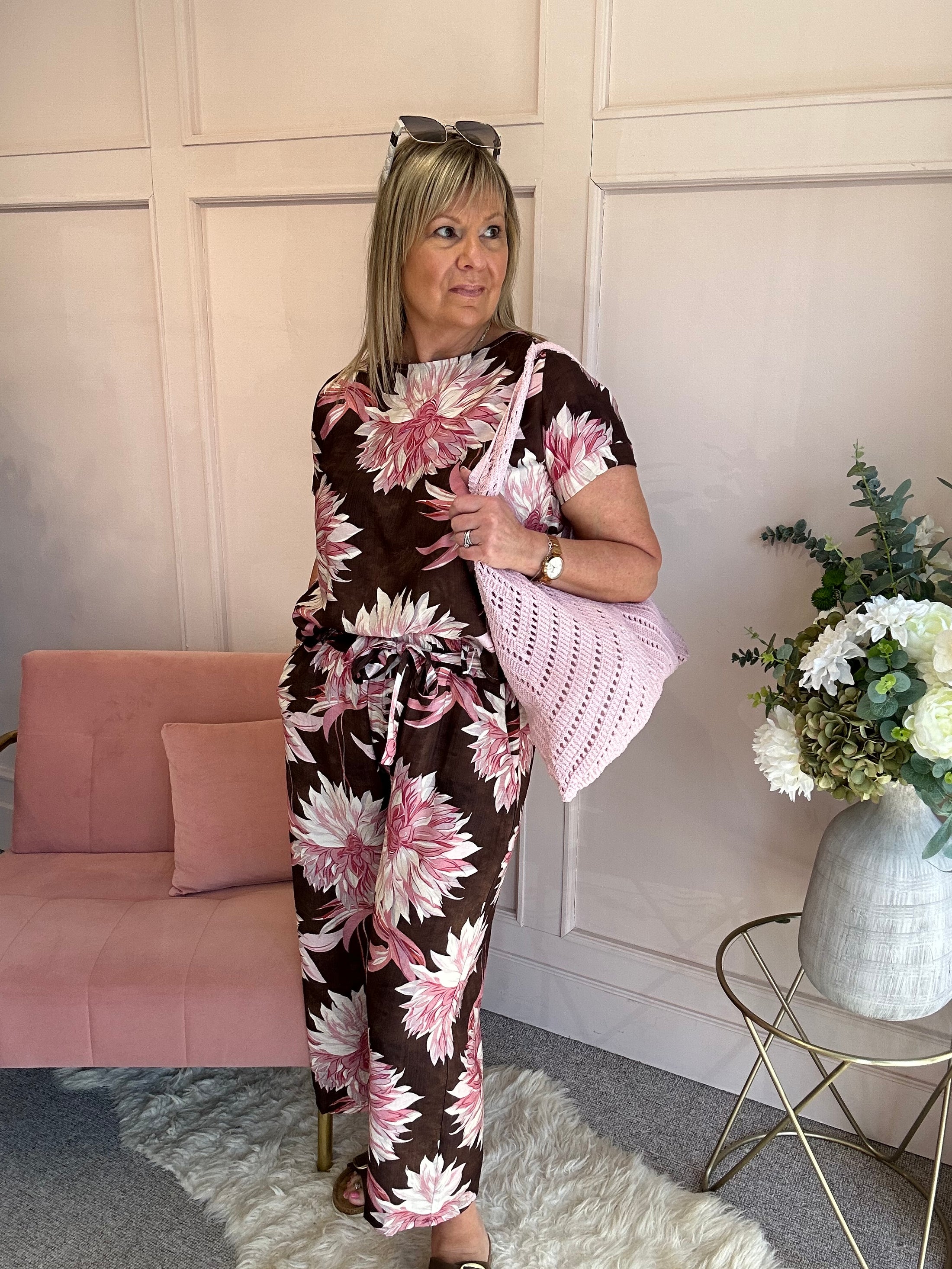 Tropical Top & Crop Pant Set - Brown/Pink - Wardrobe By Simone
