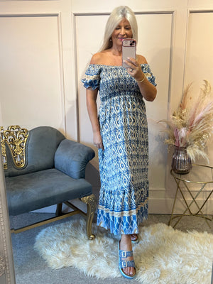 Aztec Mixed Print Dress - Blue/Cream