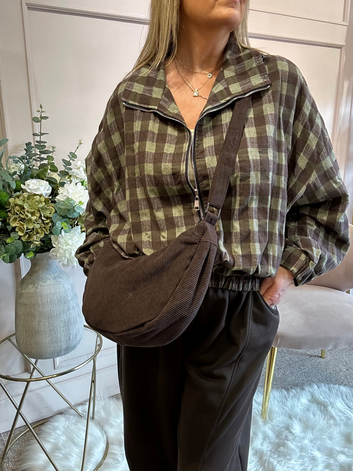 A Checked Zip Jacket - Khaki/Brown - Wardrobe By Simone