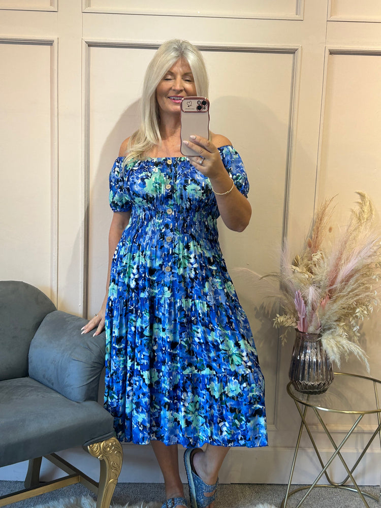 Floral Print Midi Dress - Blues - Wardrobe By Simone