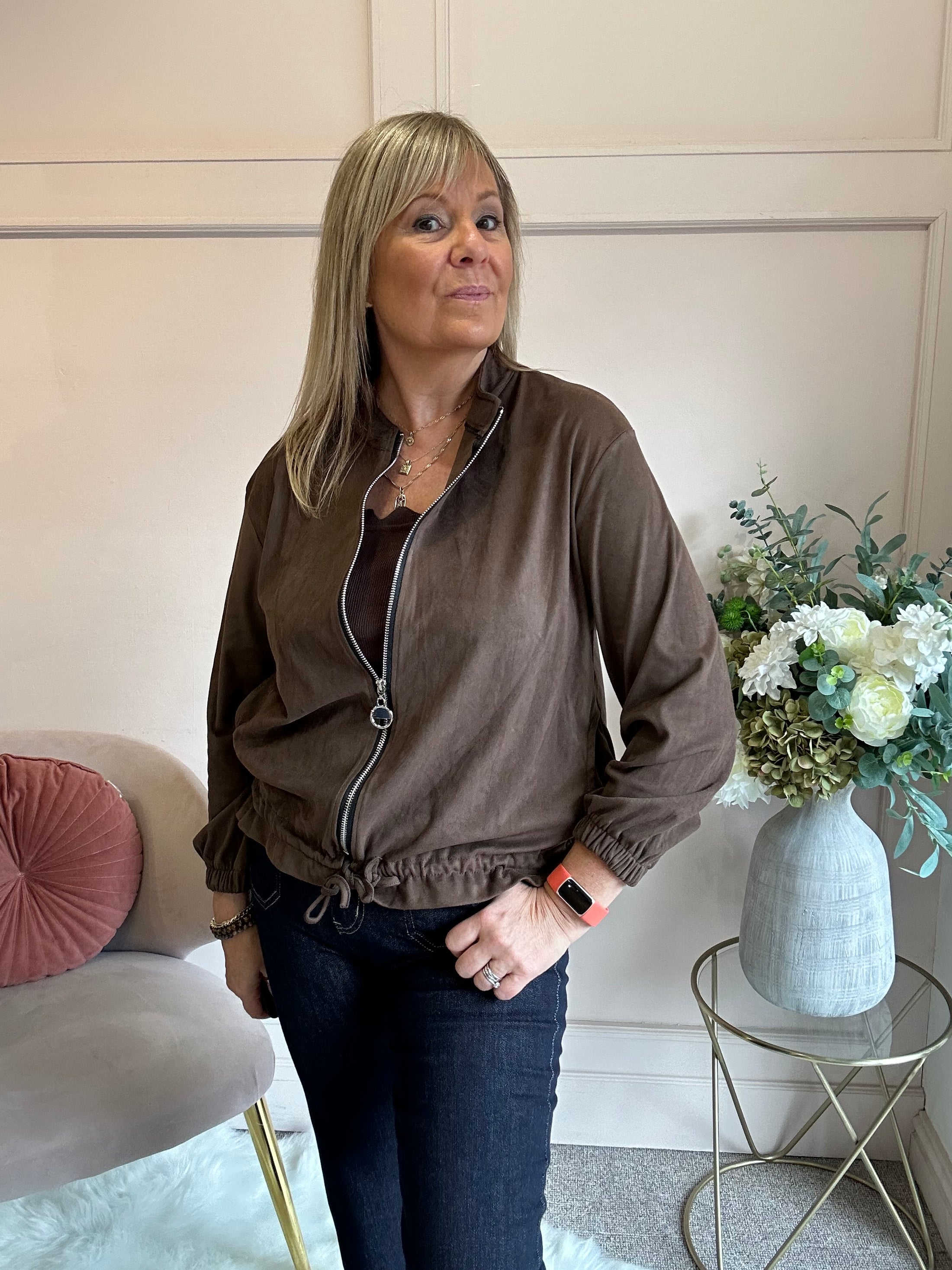 Suedette Zip Jacket - Chocolate Brown