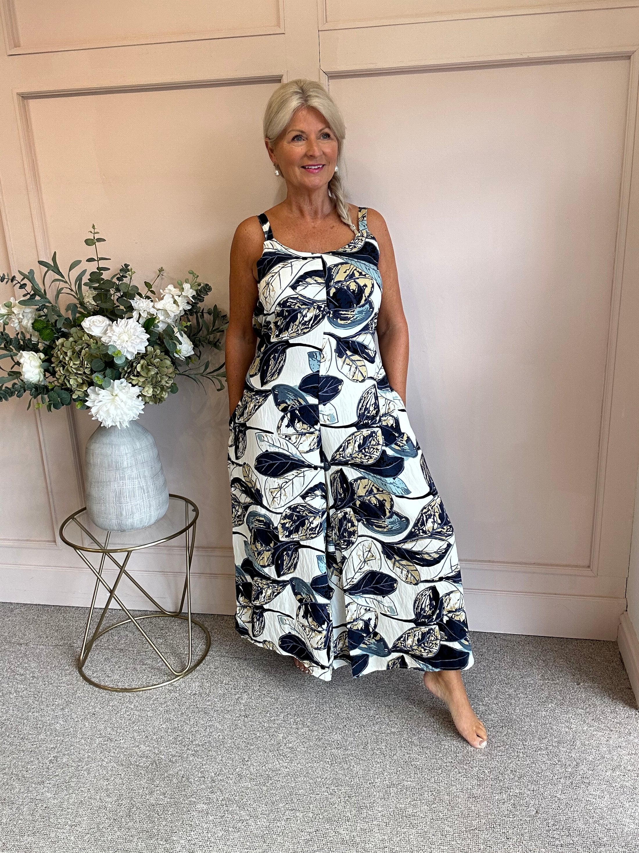 Mixed Botanical Jumpsuit - Cream/Navy - Wardrobe By Simone
