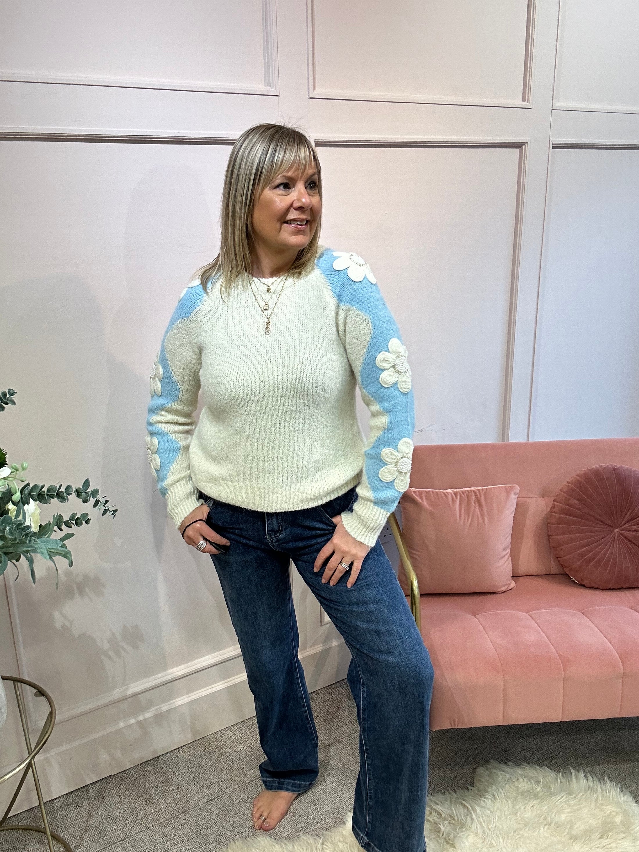 Beaded Flower Detail Jumper - Cream/Blue