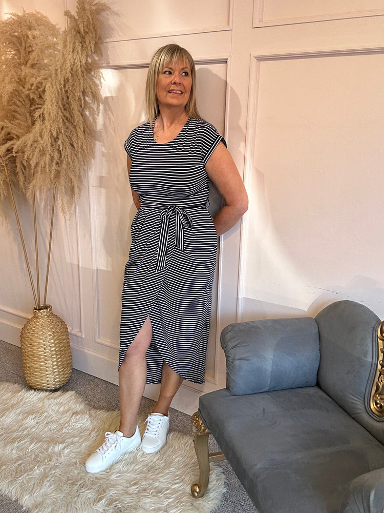 Striped Tulip Fold Dress - Navy/White