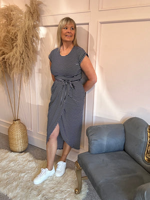 Striped Tulip Fold Dress - Navy/White