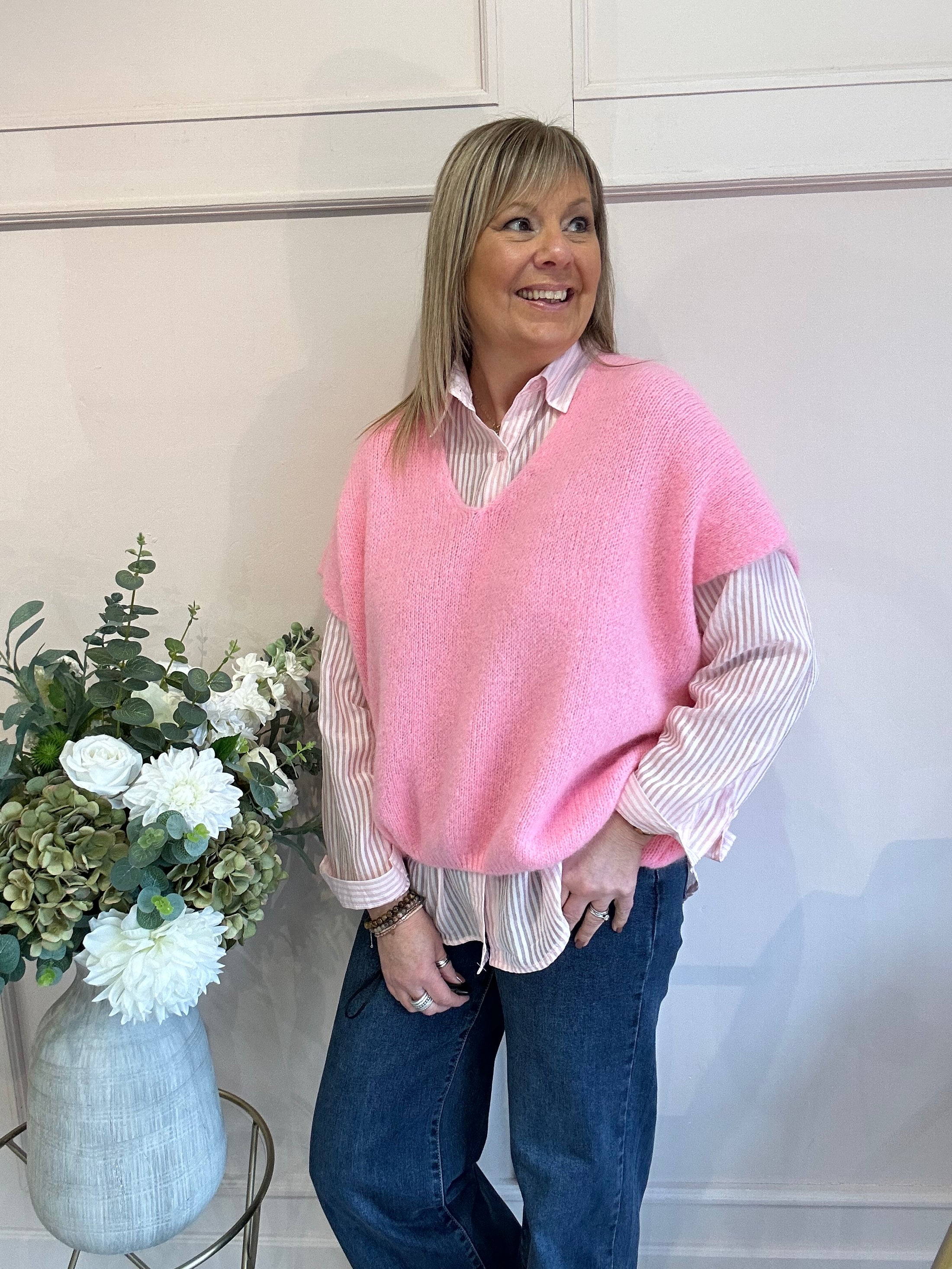 V Neck Oversized Tank Top - Pink