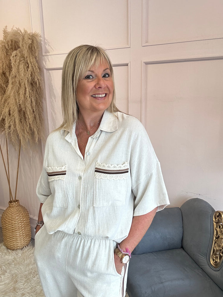 Brown Embroidery Detail Shirt - Light Cream - Wardrobe By Simone