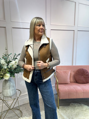 Faux Sheep Skin Gilet - Brown