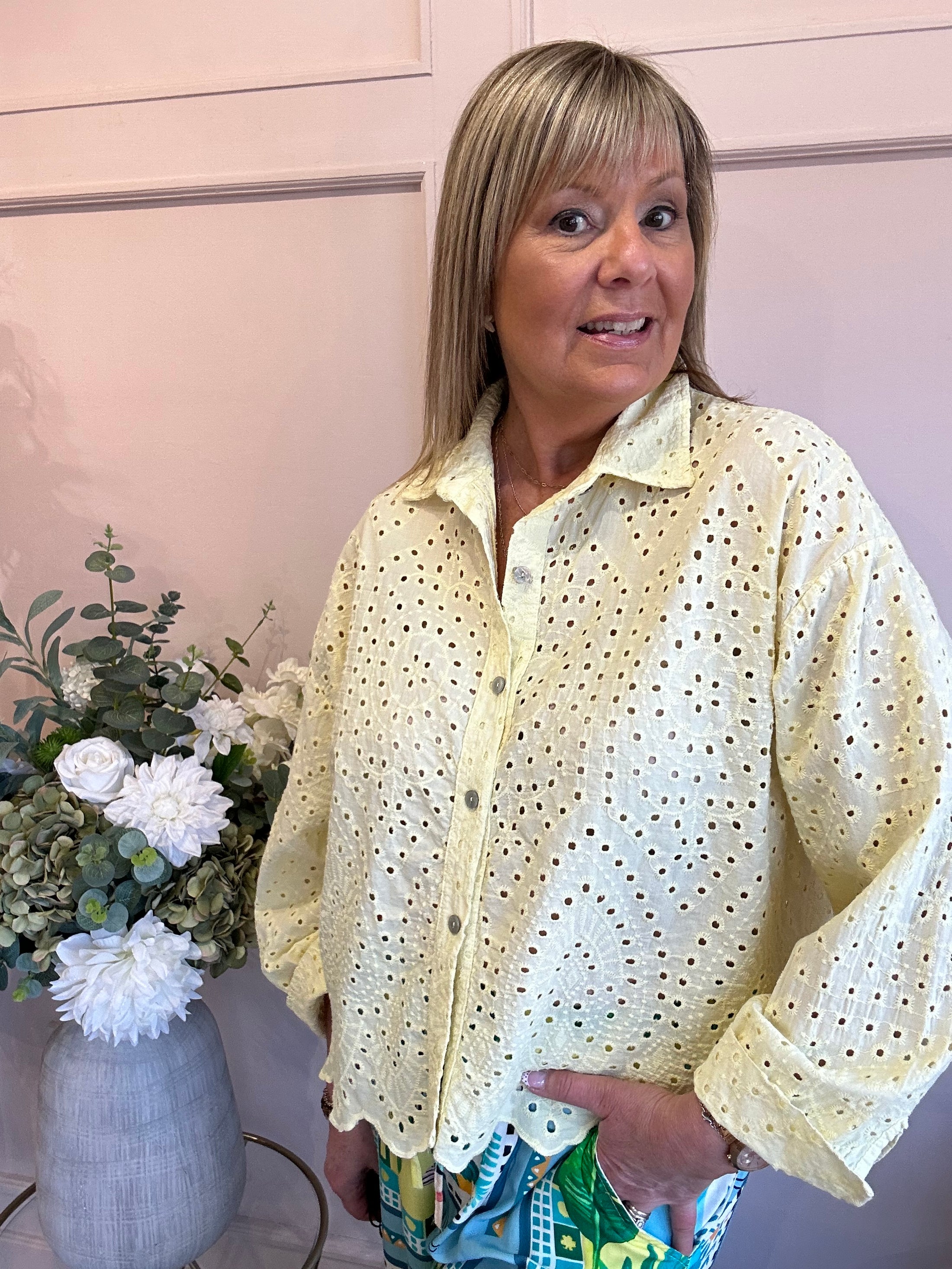 Broderie Anglaise Shirt  - Yellow - Wardrobe By Simone