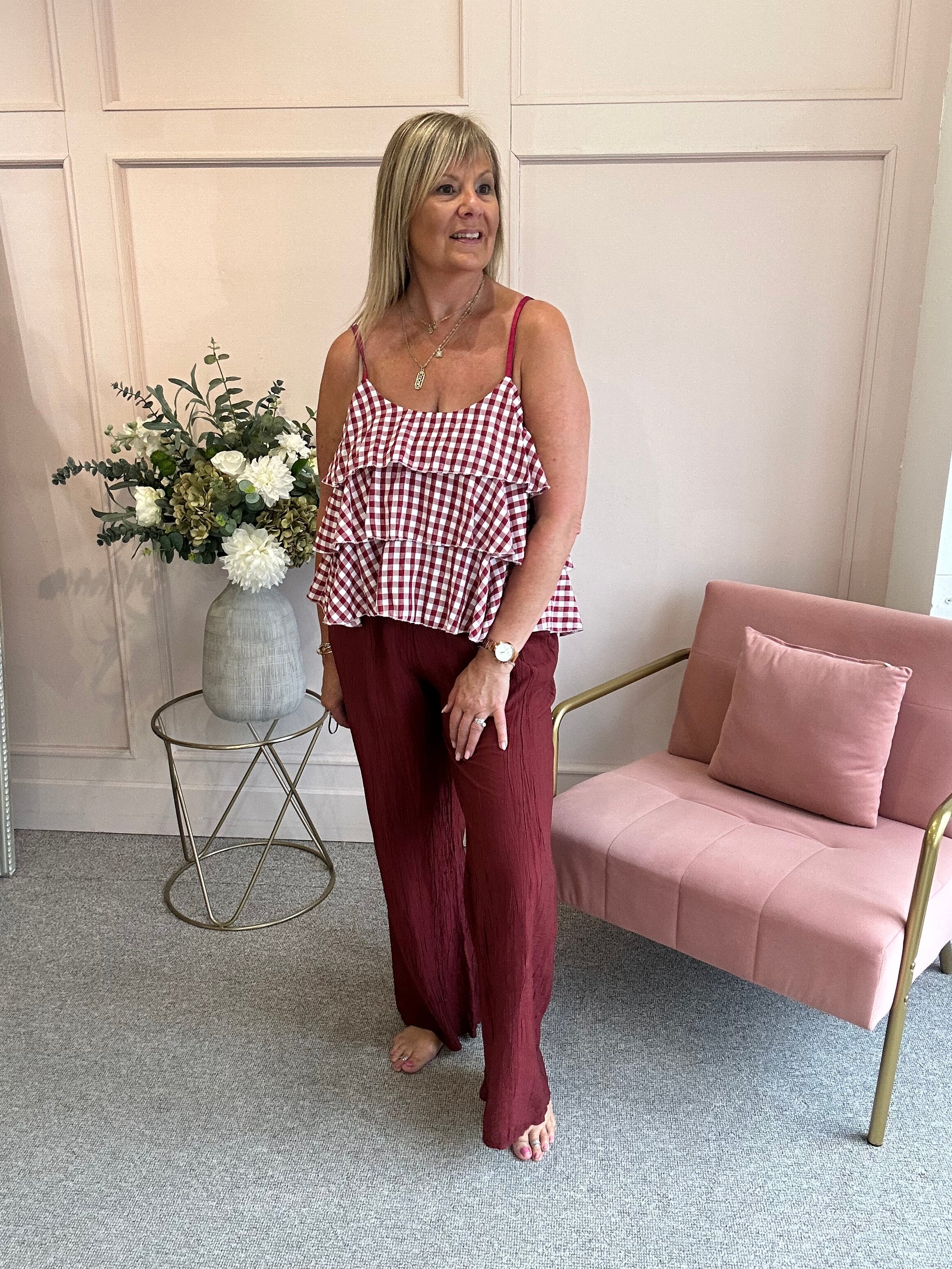 Ra-Ra Gingham Cami Top - Wine/White