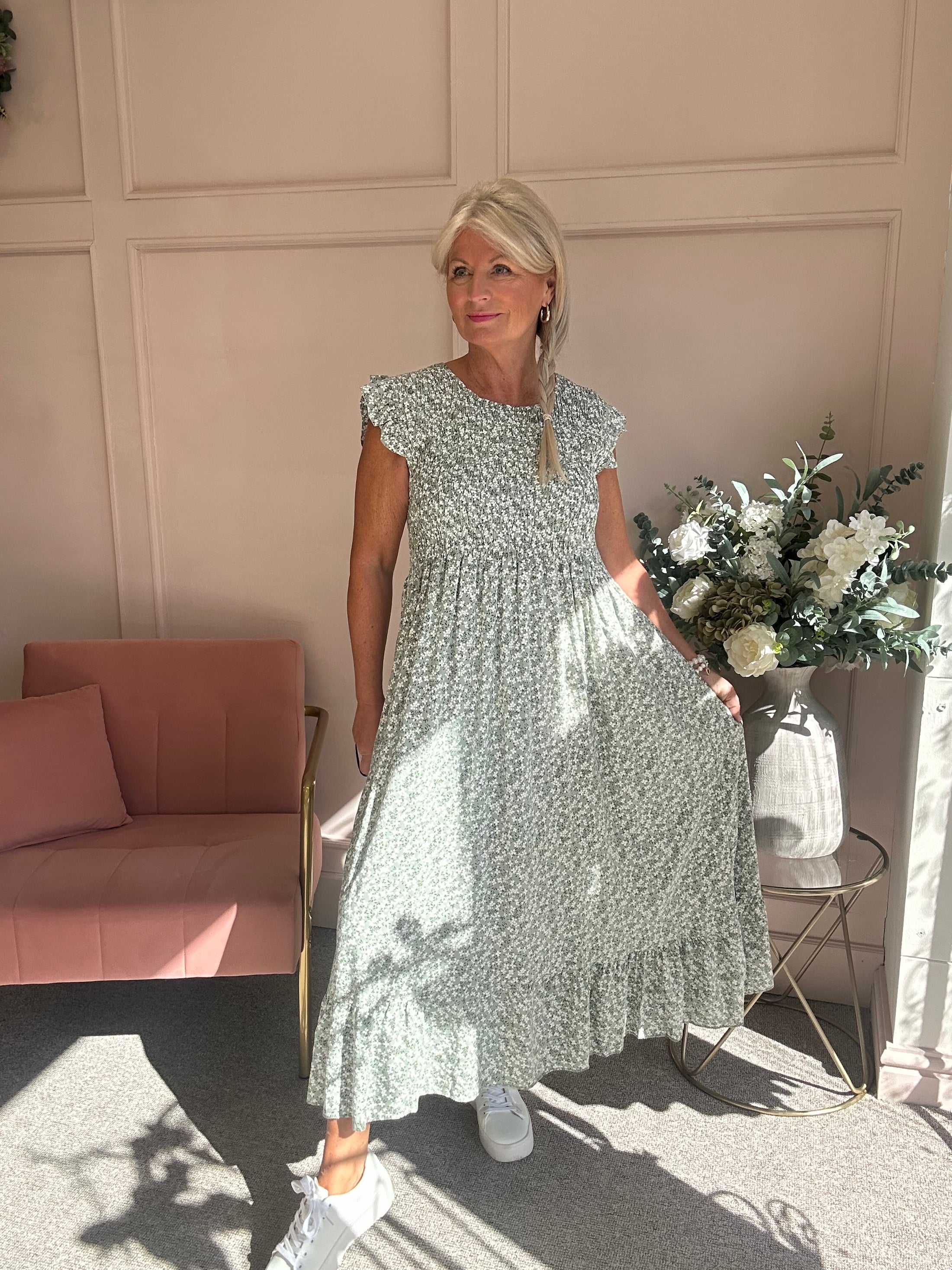 Ditsy Dress - Sage Green/White - Wardrobe By Simone