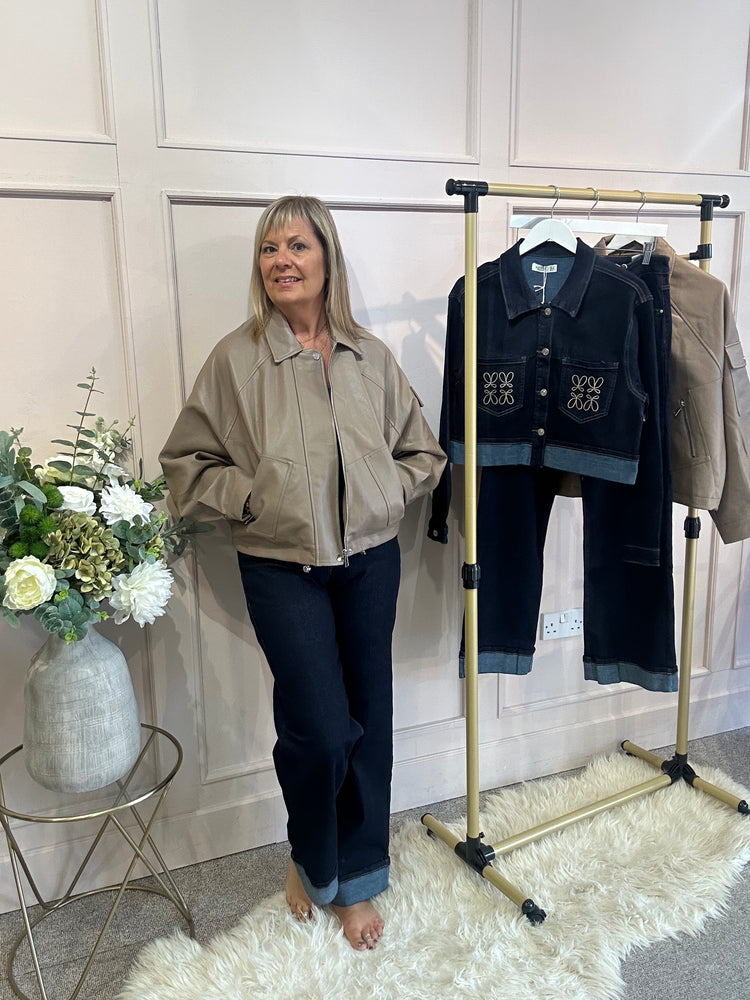 Faux Leather Collared Bomber Jacket - Taupe