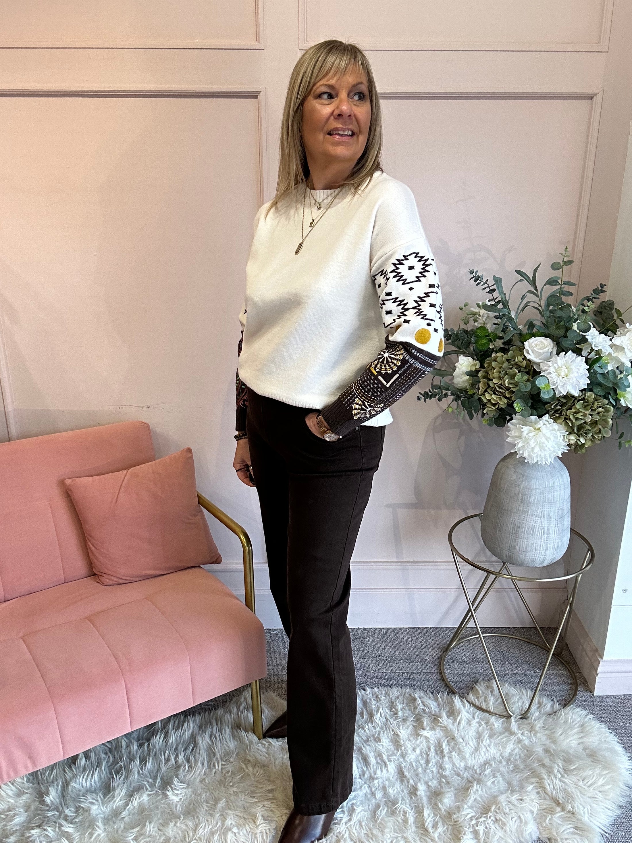 Embroidered Tribal Accents Jumper - Cream/Mix