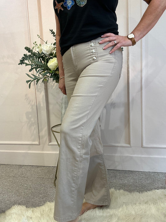 Silver Button Detail Denim Jean - Latte - Wardrobe By Simone