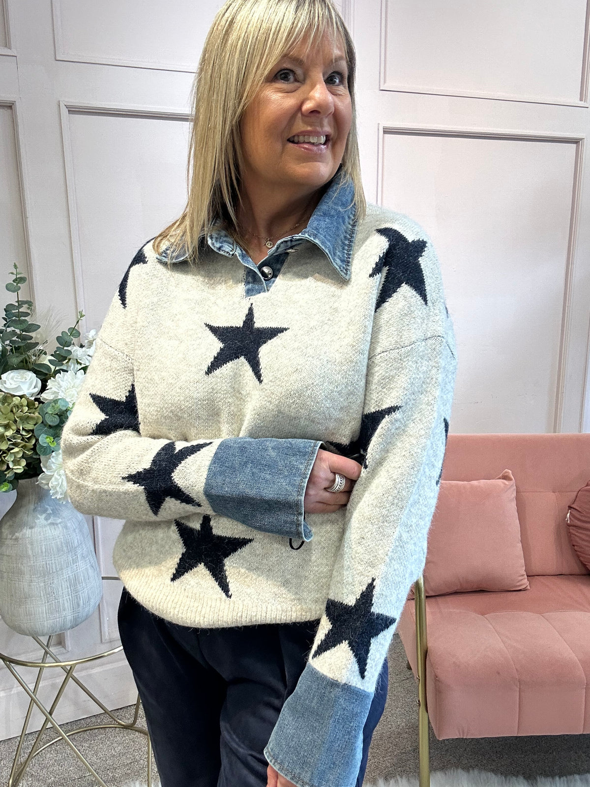 Stars & Denim Collar Jumper - Cream/Navy