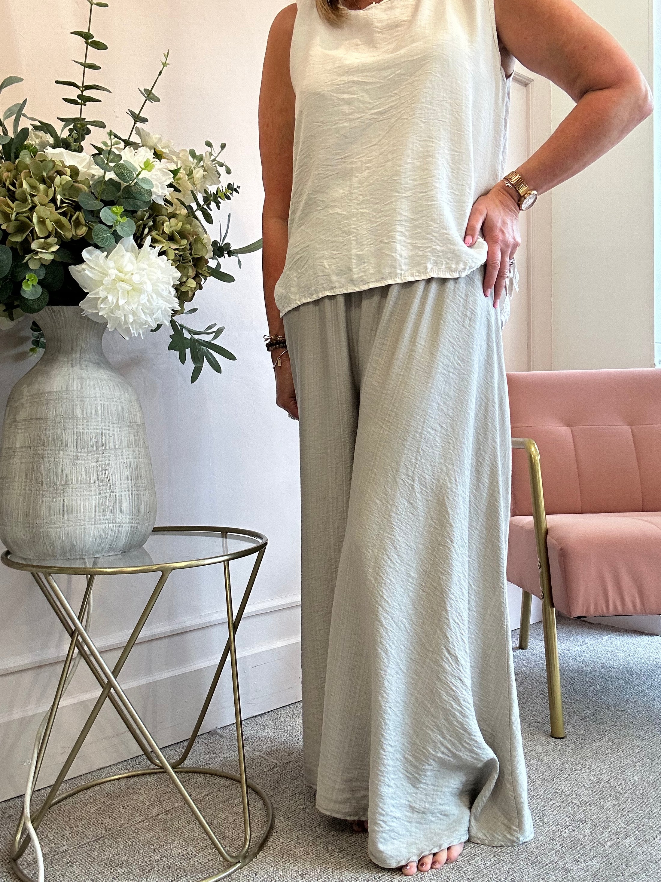 Deep Elasticated Waist Wide Pant - Stone