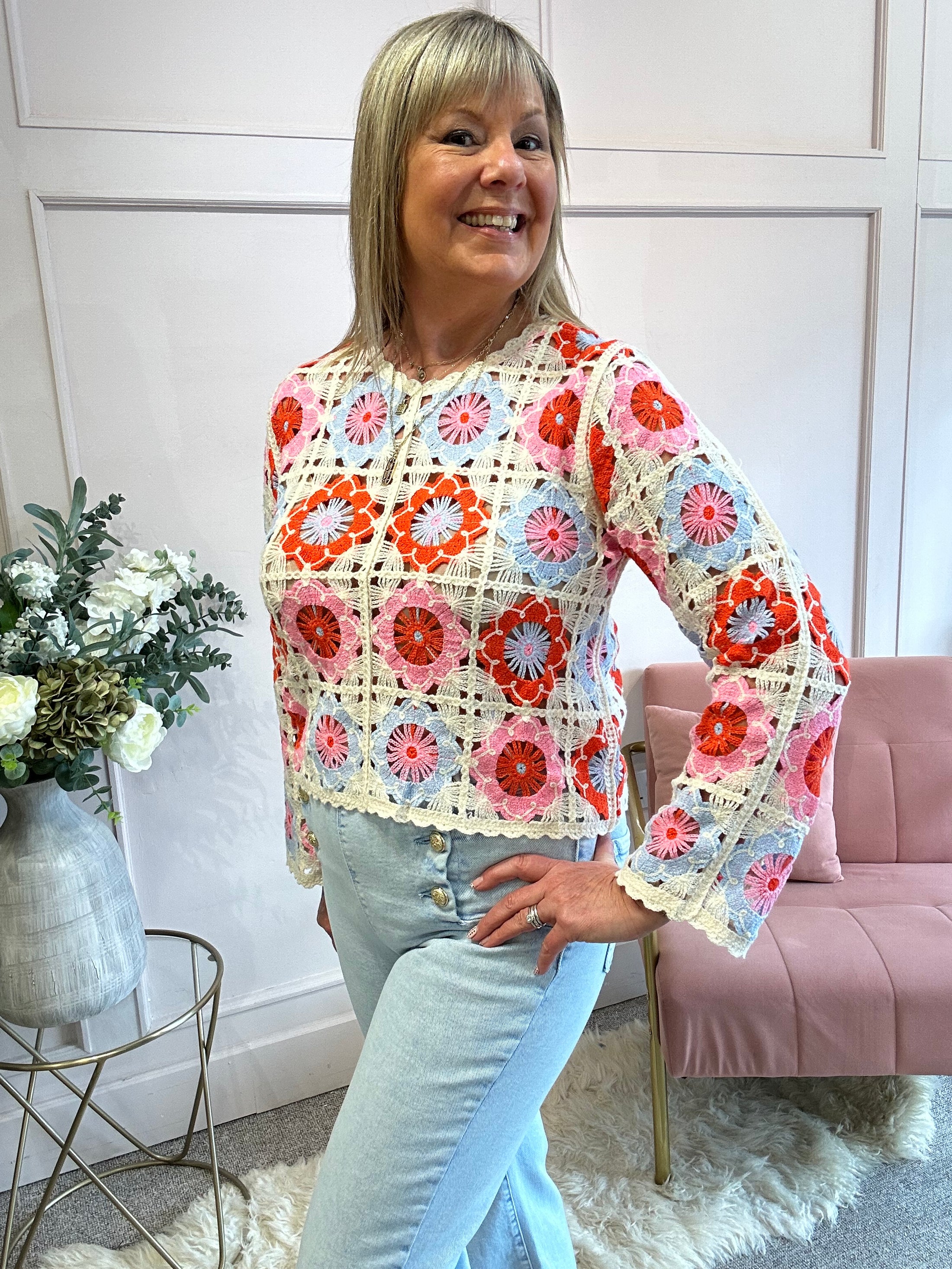 Crochet Jumper - Pink/Blue/Cream - Wardrobe By Simone