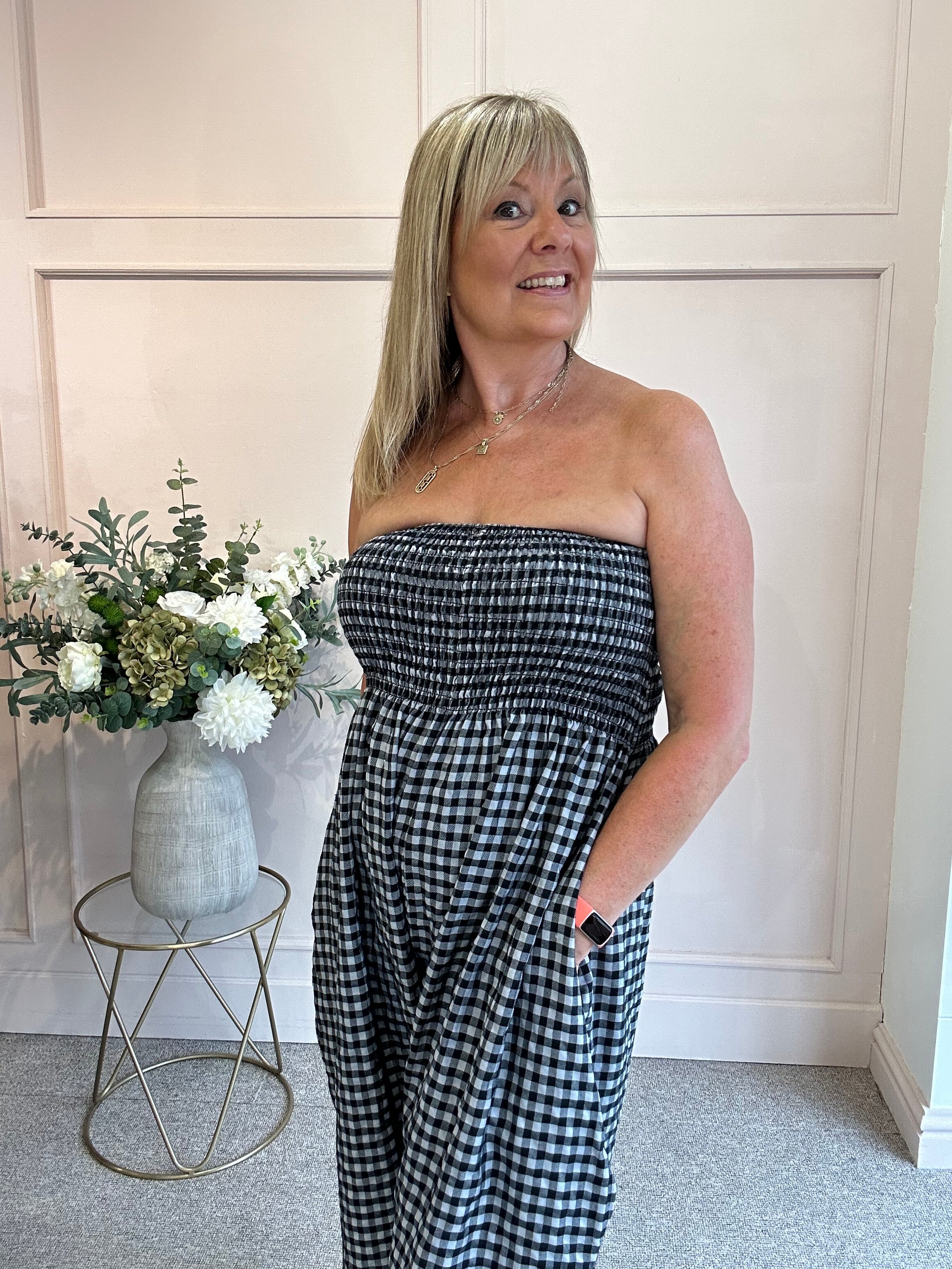 Elasticated Bodice Gingham Jumpsuit - Black/White One Size