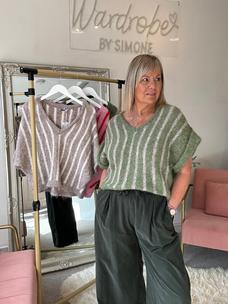 Gold Button Stipe Jumper - Green/Beige